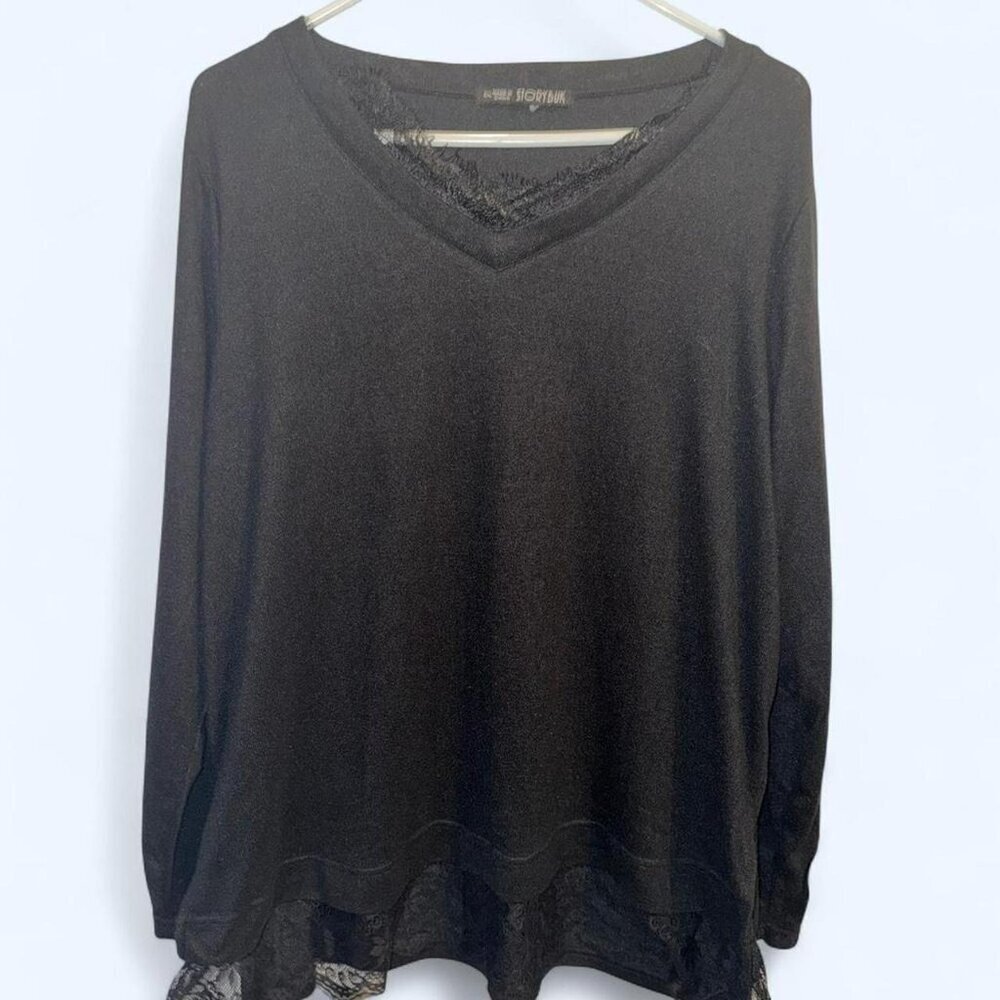 🖤 STORYBUK Black Long Sleeve Lace Trim Top (2XL)